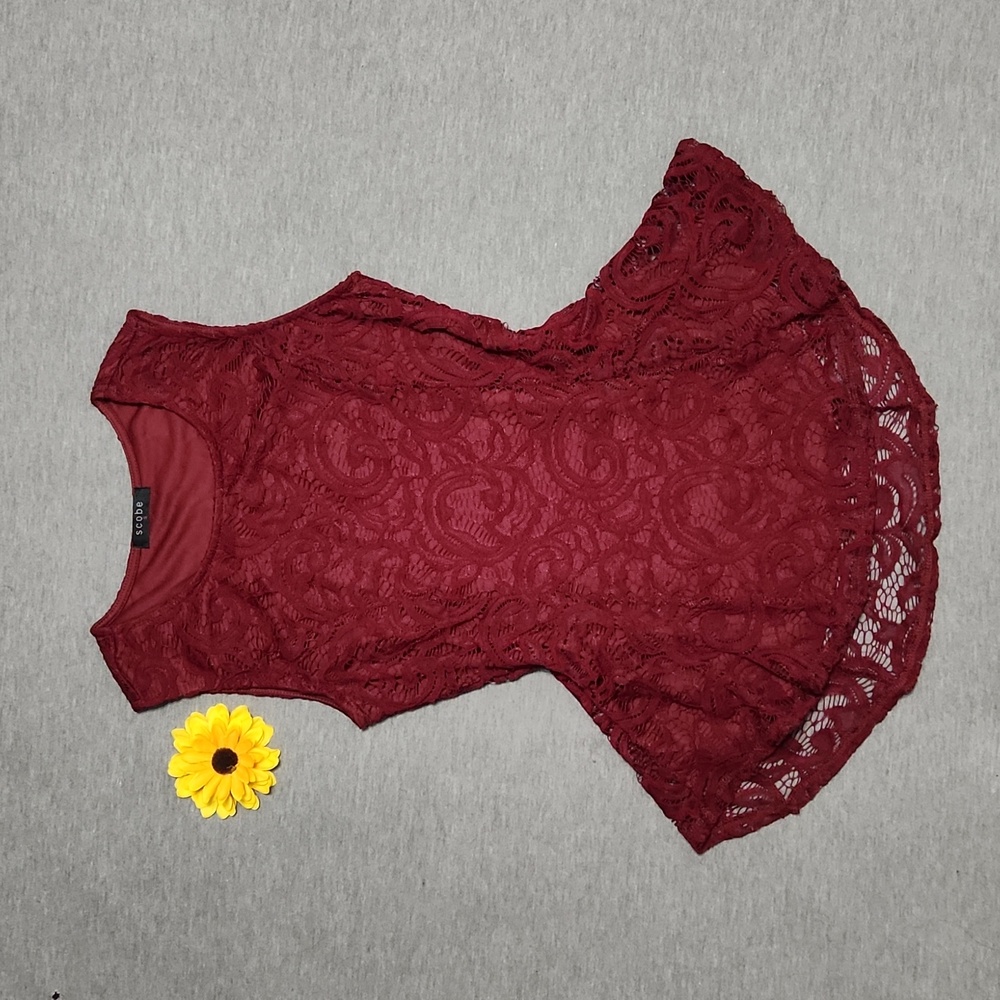 Y2K Scobe Wine Red Sheer Lacey Fit & Flare Peplum Blouse Tank Top Shirt